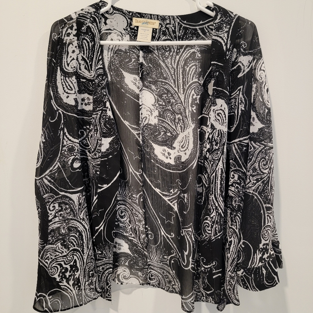 TravelSmith Black and White Paisley Open Blouse Cardigan XL